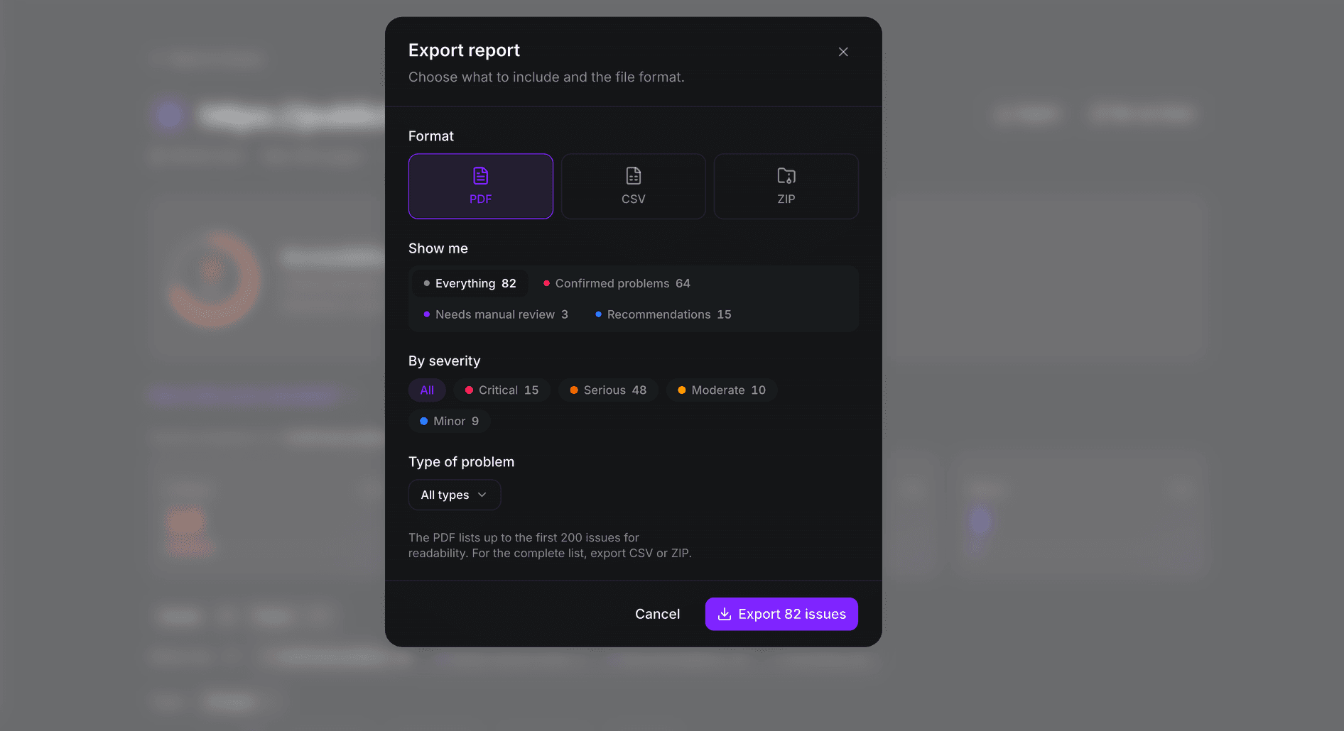 TrustScans export dialog with PDF, CSV and ZIP format options