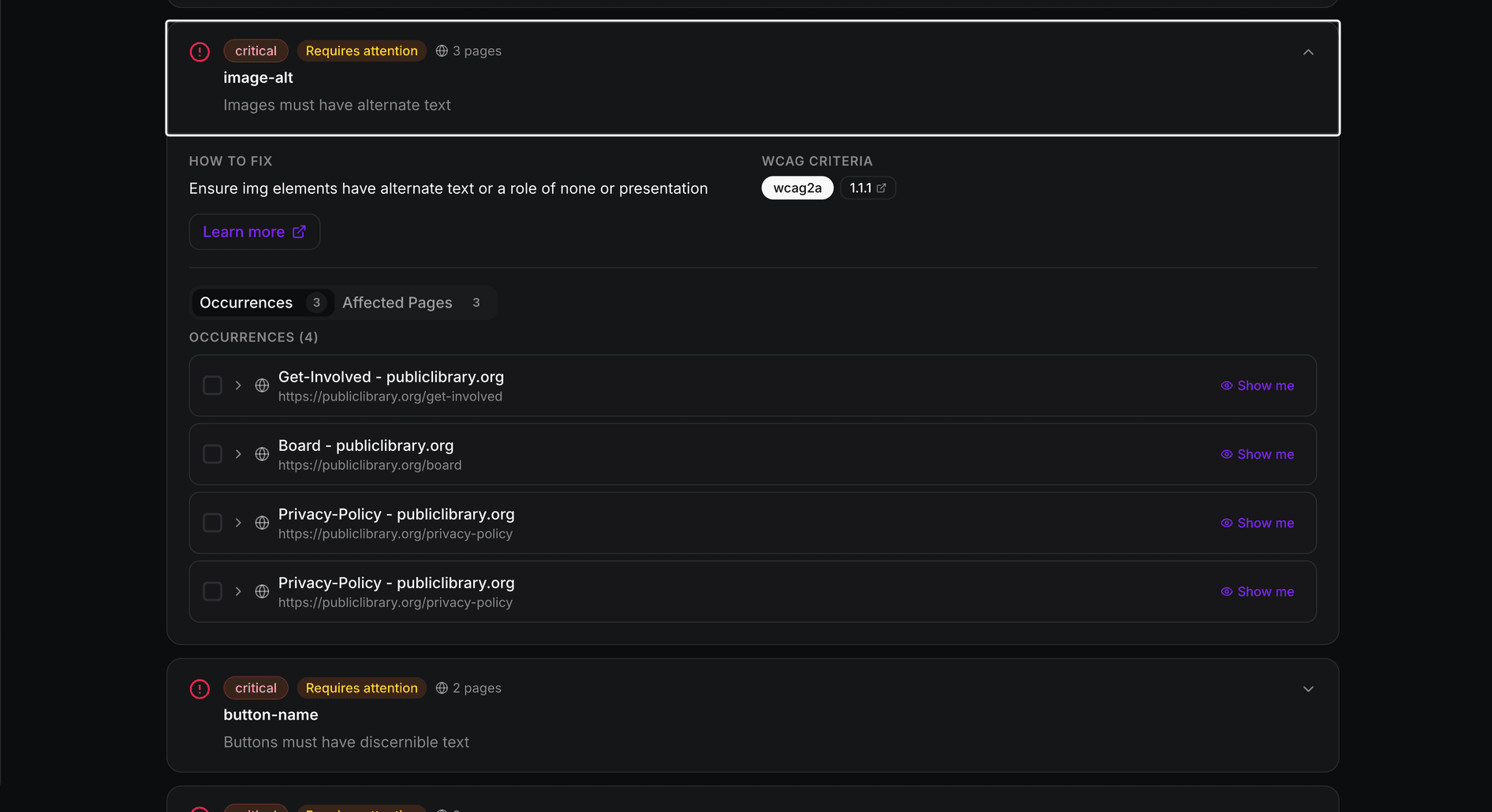 TrustScans issue detail for image-alt with how-to-fix guidance, WCAG criterion 1.1.1 and the list of affected pages