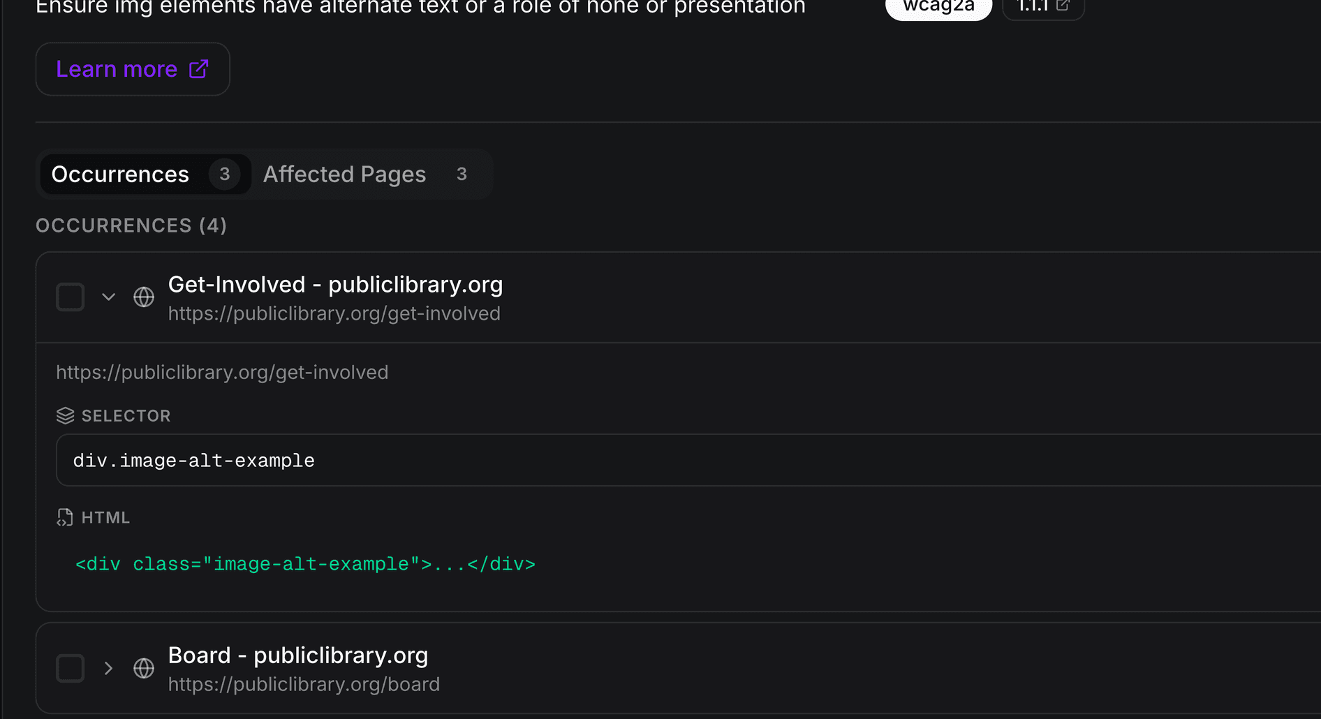 TrustScans issue occurrence showing the affected page URL, the CSS selector and the failing HTML snippet