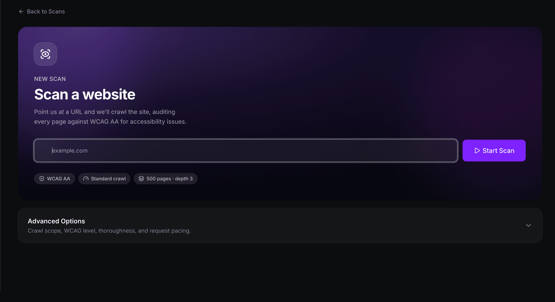 TrustScans new scan form for adding a client site and configuring the crawl