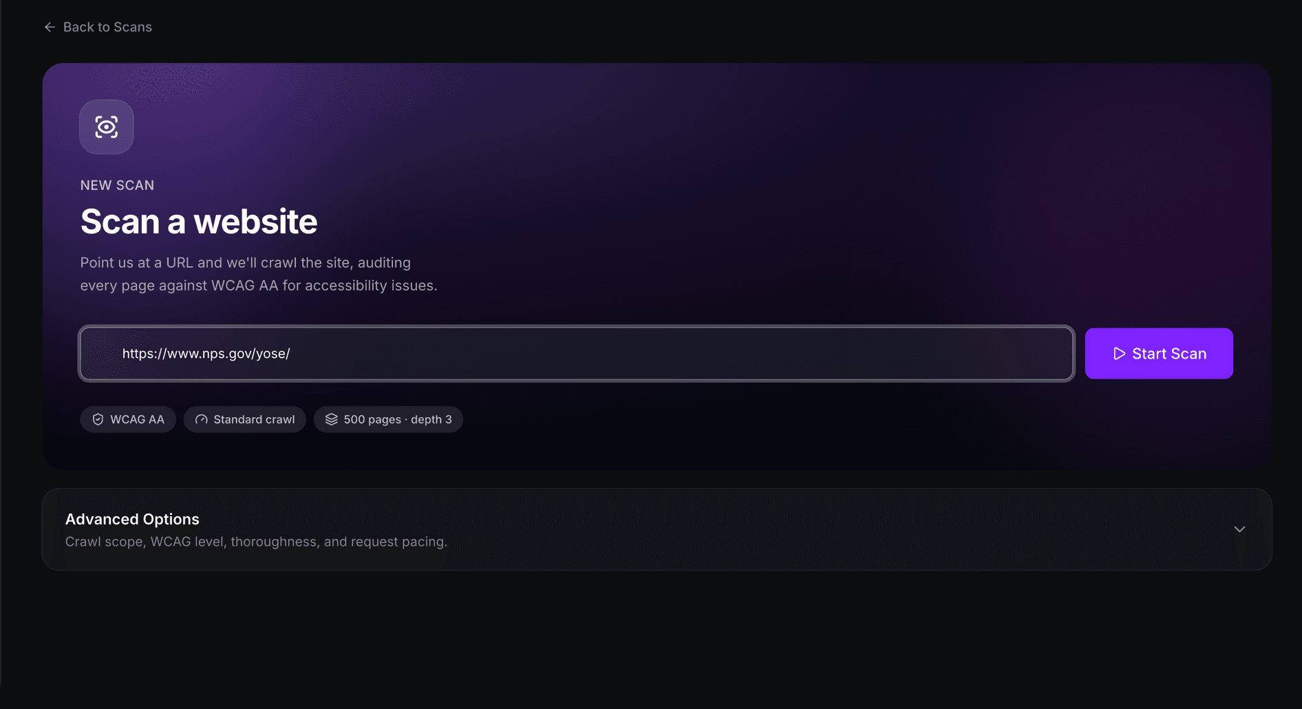 TrustScans new scan form with a live campaign URL ready to scan