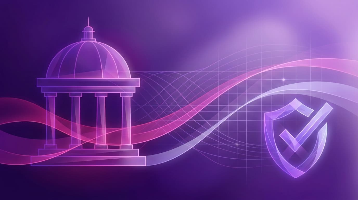 Abstract illustration in purple hues of a glowing classical government building with a dome and columns, connected by flowing light ribbons across a digital grid to a glowing shield-and-checkmark shape, symbolizing government regulation of digital accessibility compliance.
