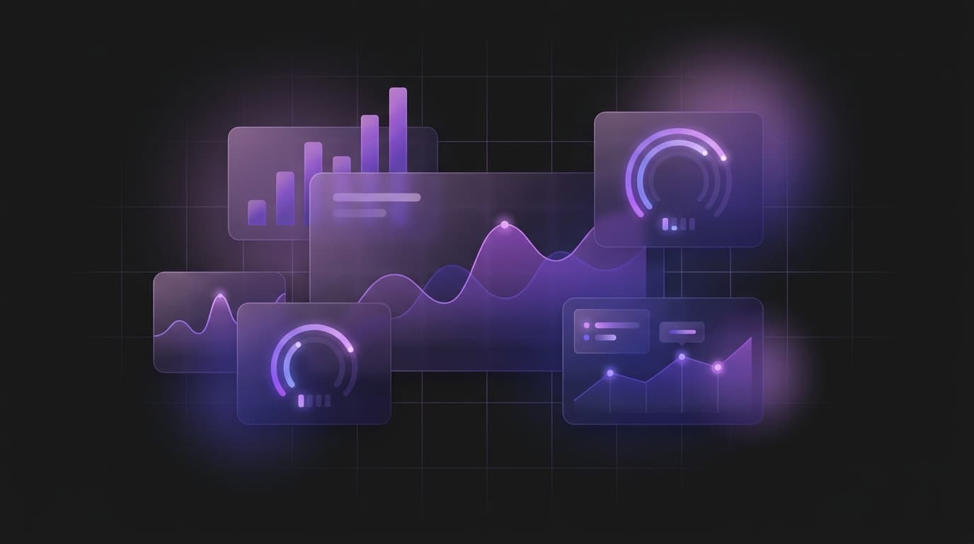 Abstract dark dashboard illustration with glowing purple bar charts, trend lines, and score gauges, representing the TrustScans accessibility scanning platform's reporting.
